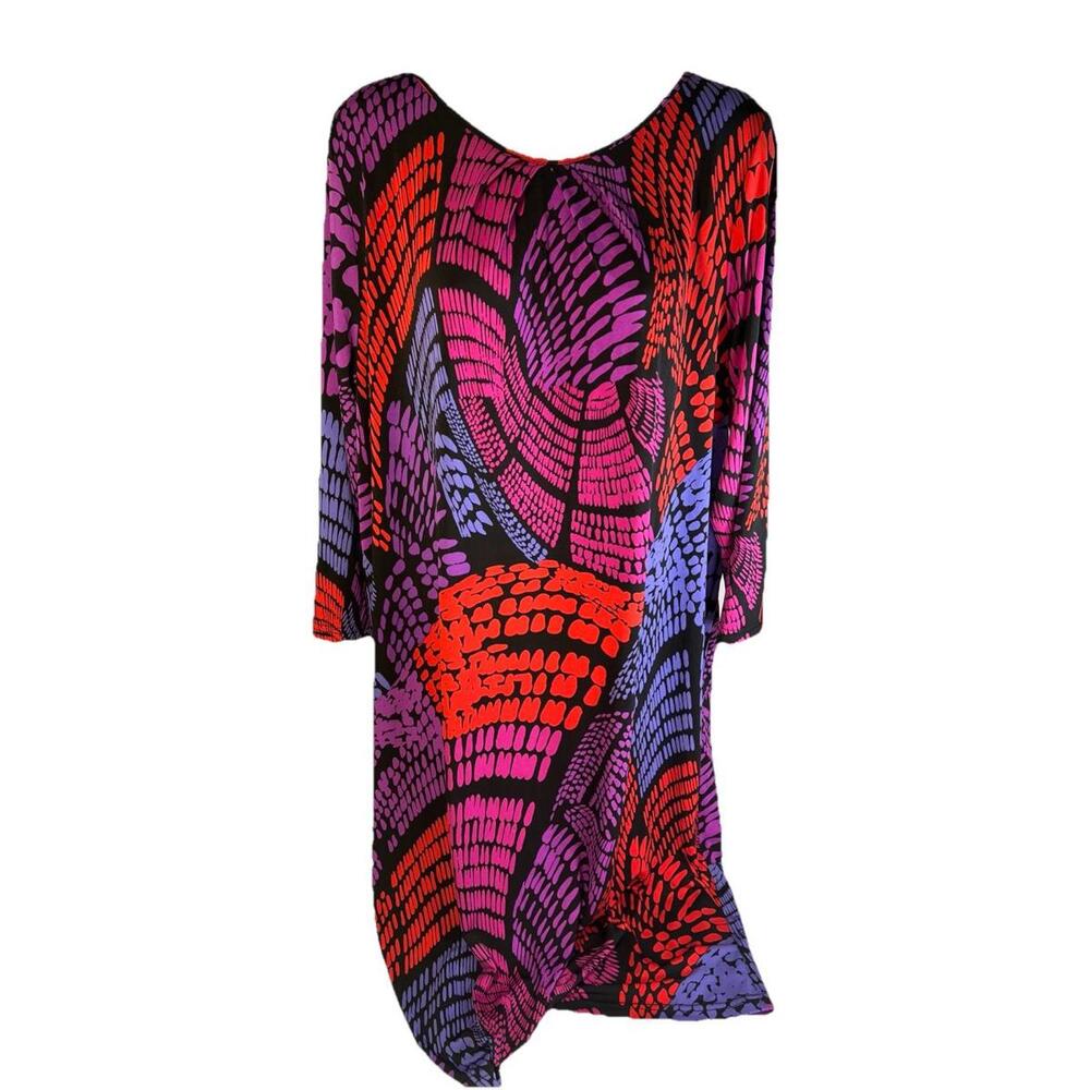 Bob Mackie Dress Large Pink Purple Red Blue Print Slinky Travel Art to Wear Maxi